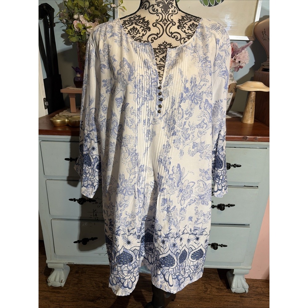 Soft Surroundings Blue & White Tunic Top Embroidered Sz 3X. Boho